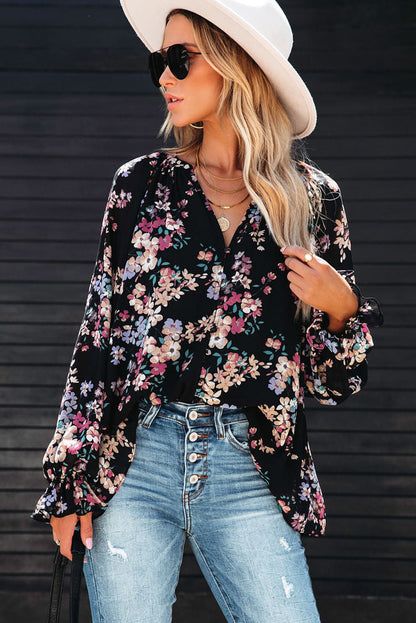 Wildflower Print Chiffon Blouse | Black