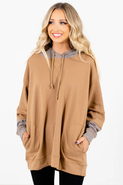 Contrast Hood Patchwork Pocketed Baggy Sweatshirt | Camel