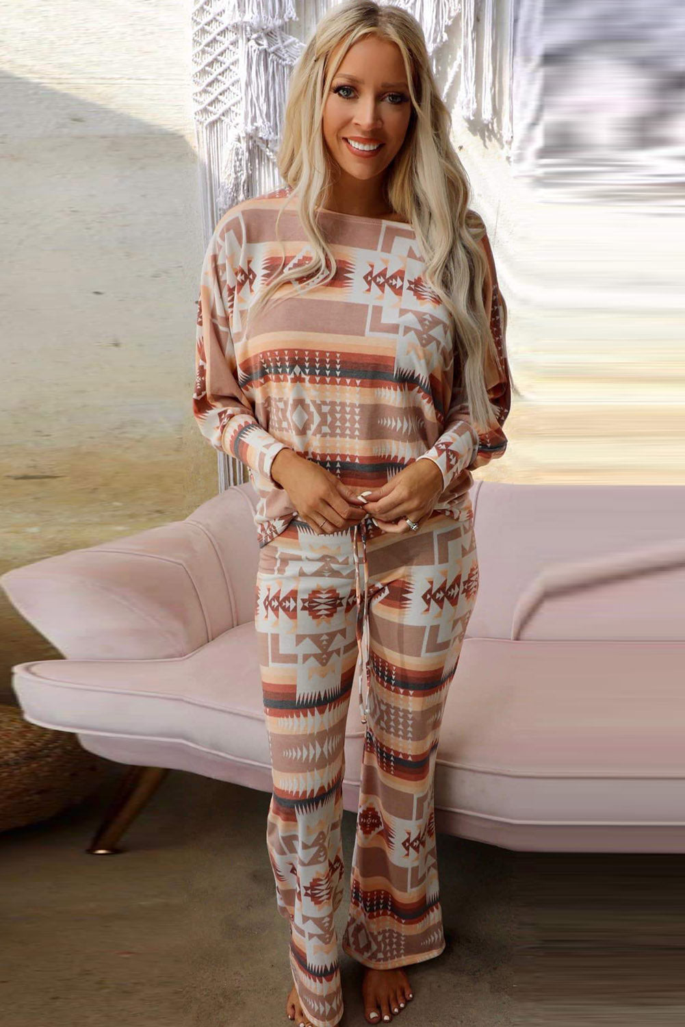 Aztec Print Puff Sleeve Pullover And Pants Lounge Outfit | Multicolour