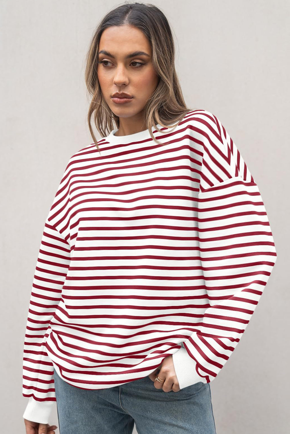 Striped Long Sleeve Round Neck Loose Top | Burgundy