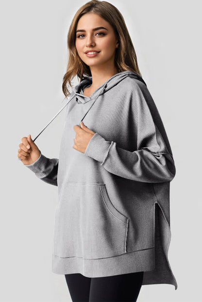 Waffle Knit Fleece Lined High Low Oversized Hoodie | Gray