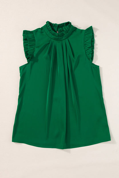 Pleated Mock Neck Frilled Trim Sleeveless Top | Bright Green