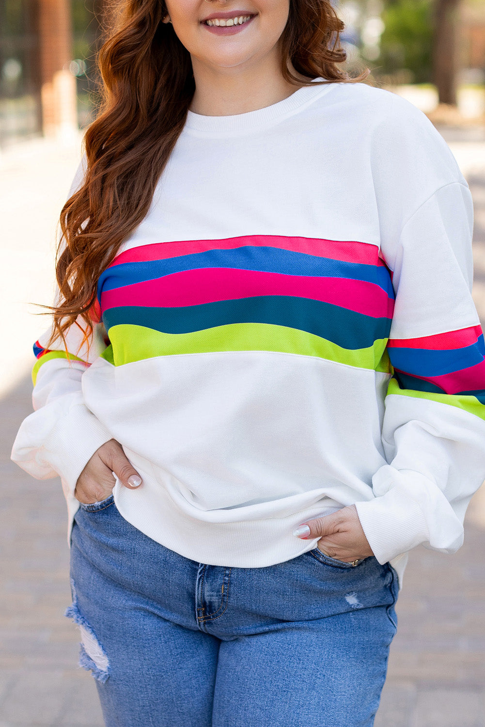 Plus Size Colourful Striped Drop Shoulder Loose Sweatshirt | White