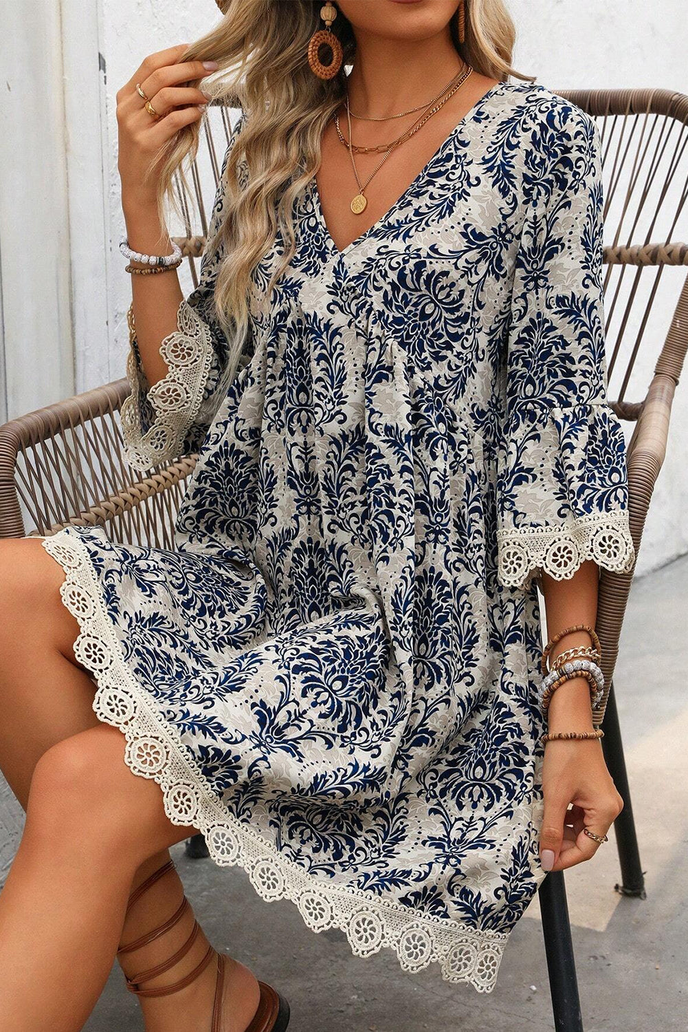 Vintage Printed Lace Trim V Neck 3/4 Sleeve Loose Dress | Sky Blue