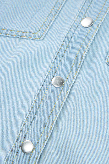 Vintage Light Wash Flap Pockets Rounded Hem Shirt | Mist Blue