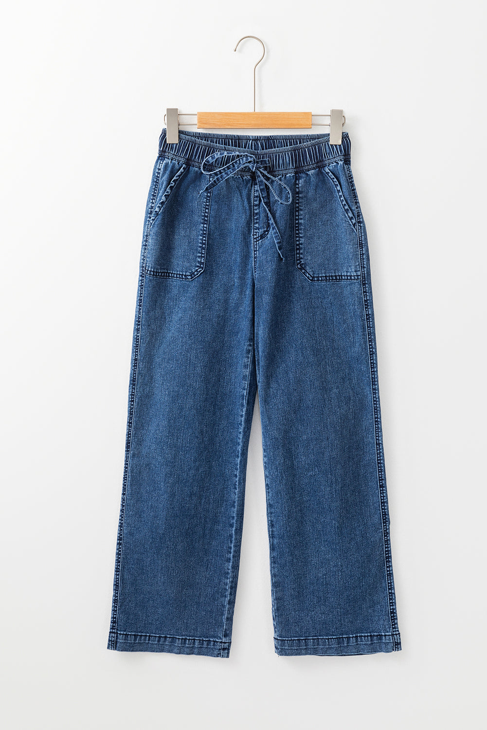 Mineral Wash Drawstring Waist Loose Straight Denim Pants | Sail Blue