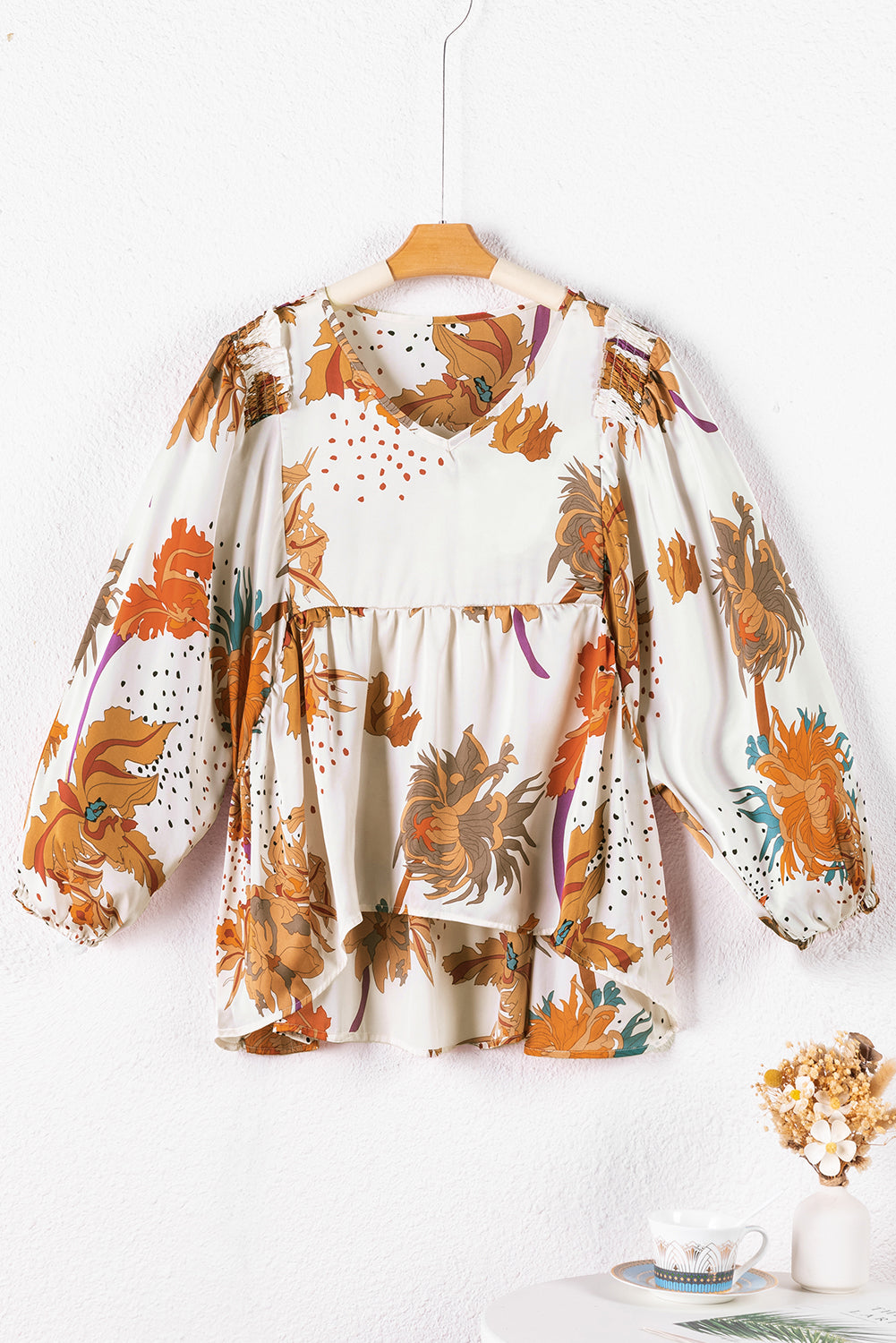 Floral Print V Neck Babydoll Blouse | Multicolour