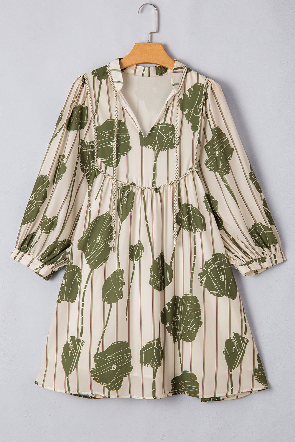 Floral Striped Print Contrast Piping Puff Sleeve Dress | Guacamole Green