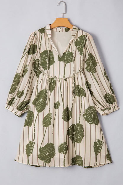 Floral Striped Print Contrast Piping Puff Sleeve Dress | Guacamole Green