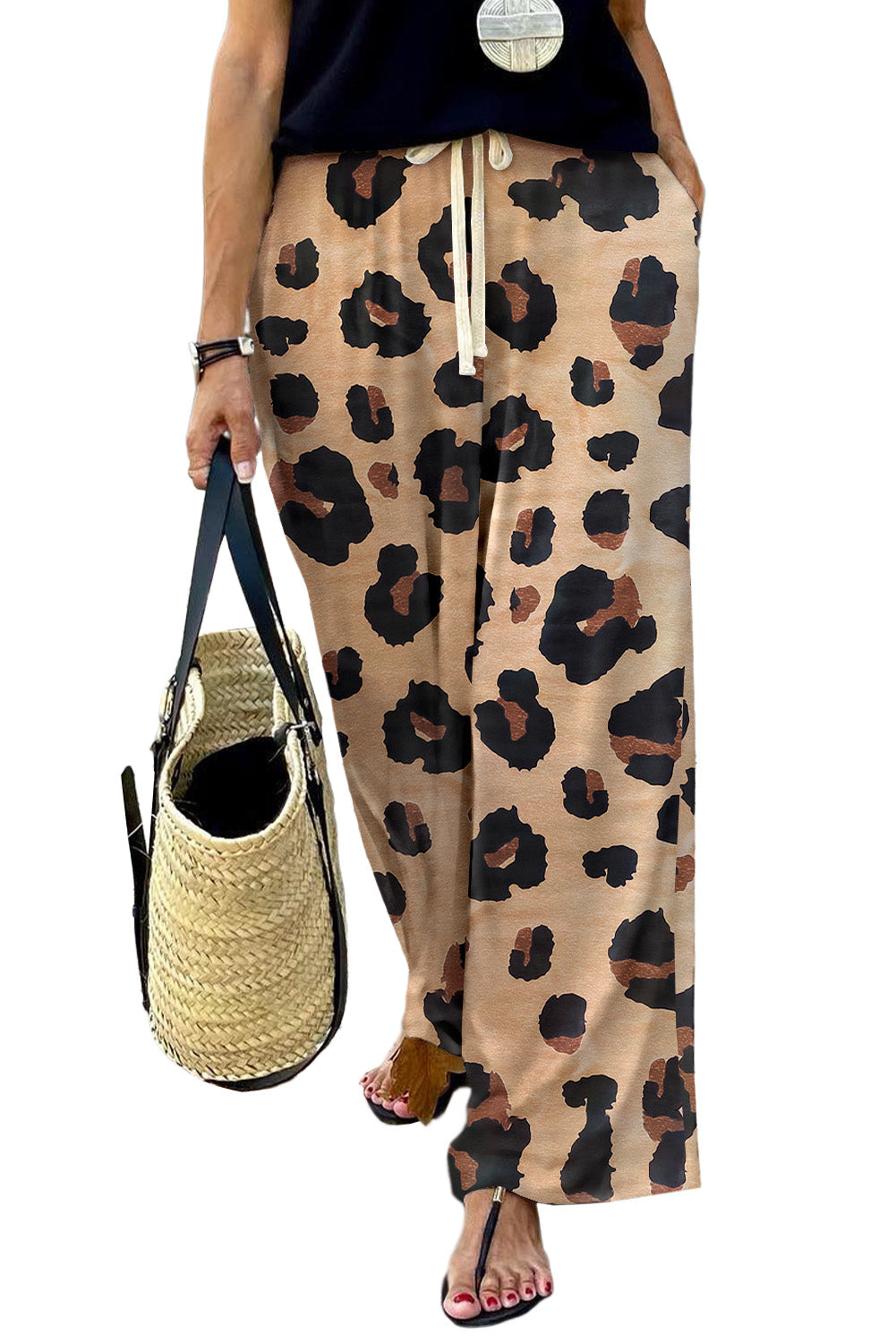 Drawstring Wide Leg Casual Pants | Leopard