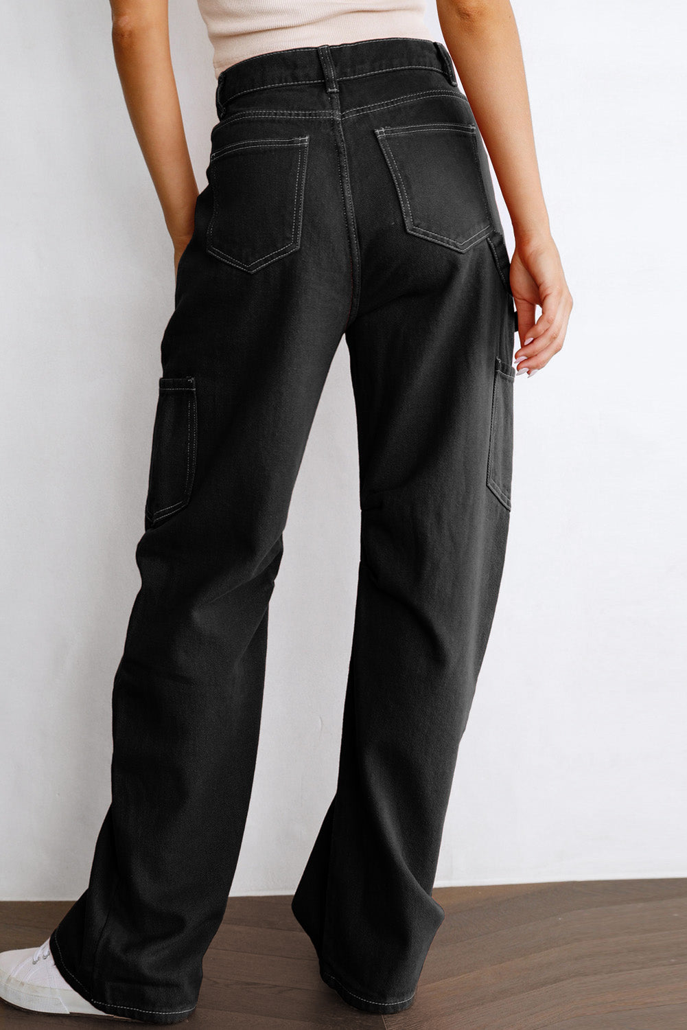 High Waist Straight Leg Cargo Pants With Pockets | Black