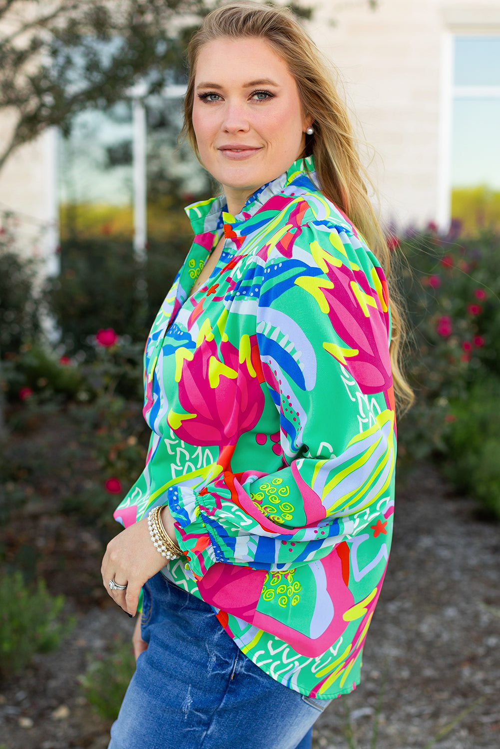 Abstract Printed Flounce Sleeve V Neck Buttoned Plus Size Blouse | Green