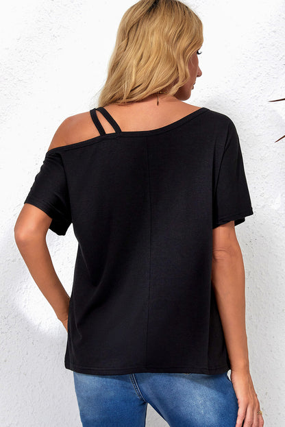 Asymmetric Criss Cross One Shoulder T Shirt | Black