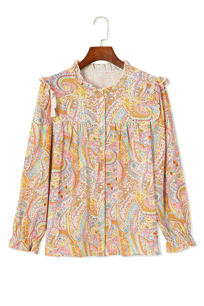 Paisley Print Ruffled Trim Boho Shirt | Yellow