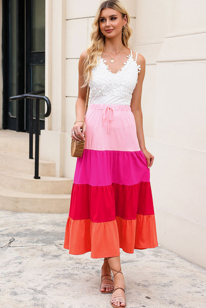 Colour Block Tiered Drawstring High Waist Maxi Skirt | Pink