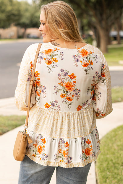 Plus Size Floral Print V Neck Puff Sleeve Blouse | White