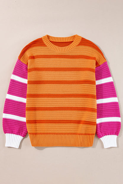 Colourblock Crew Neck Drop Shoulder Loose Sweater | Orange Stripe