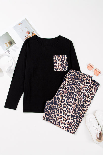 Leopard Patched Pocket Long Sleeve Top Plus Size Pants Set | Black