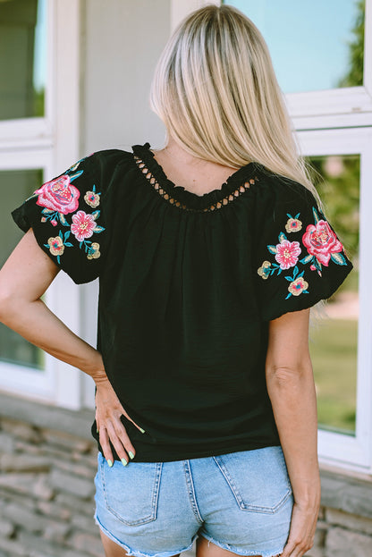 Floral Embroidered Bubble Sleeve Frill V Neck Top | Black