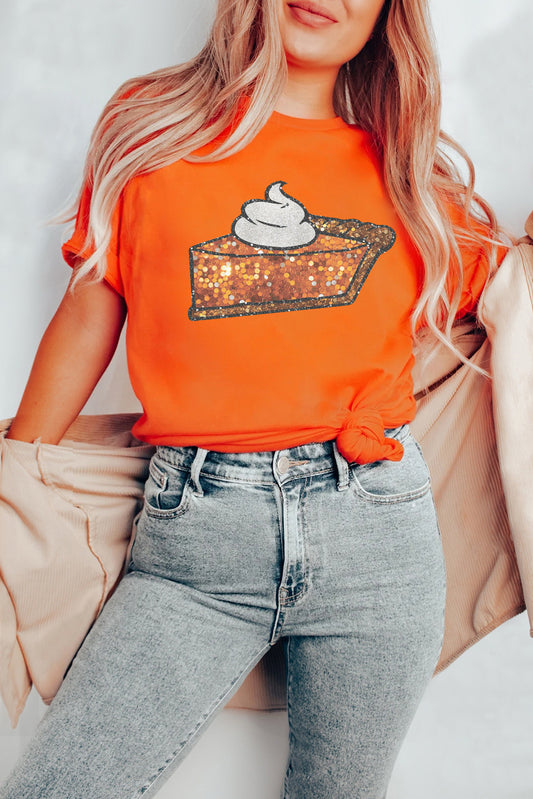 Orange Pumpkin Pie Graphic Cuffed Sleeve Crew Neck Tee