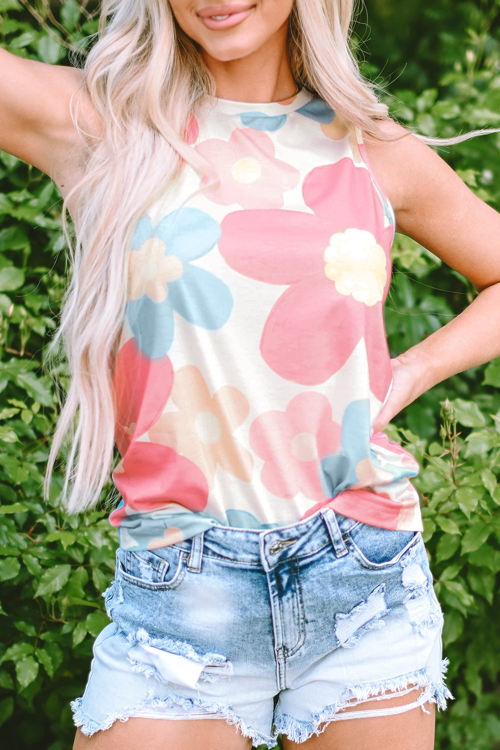 Floral Print Round Neck Sleeveless Top | Pink