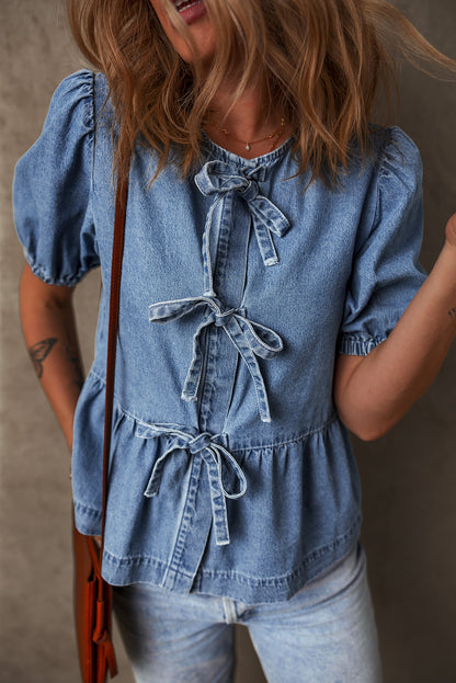 Tied Front Bubble Sleeve Peplum Denim Shirt | Dusk Blue