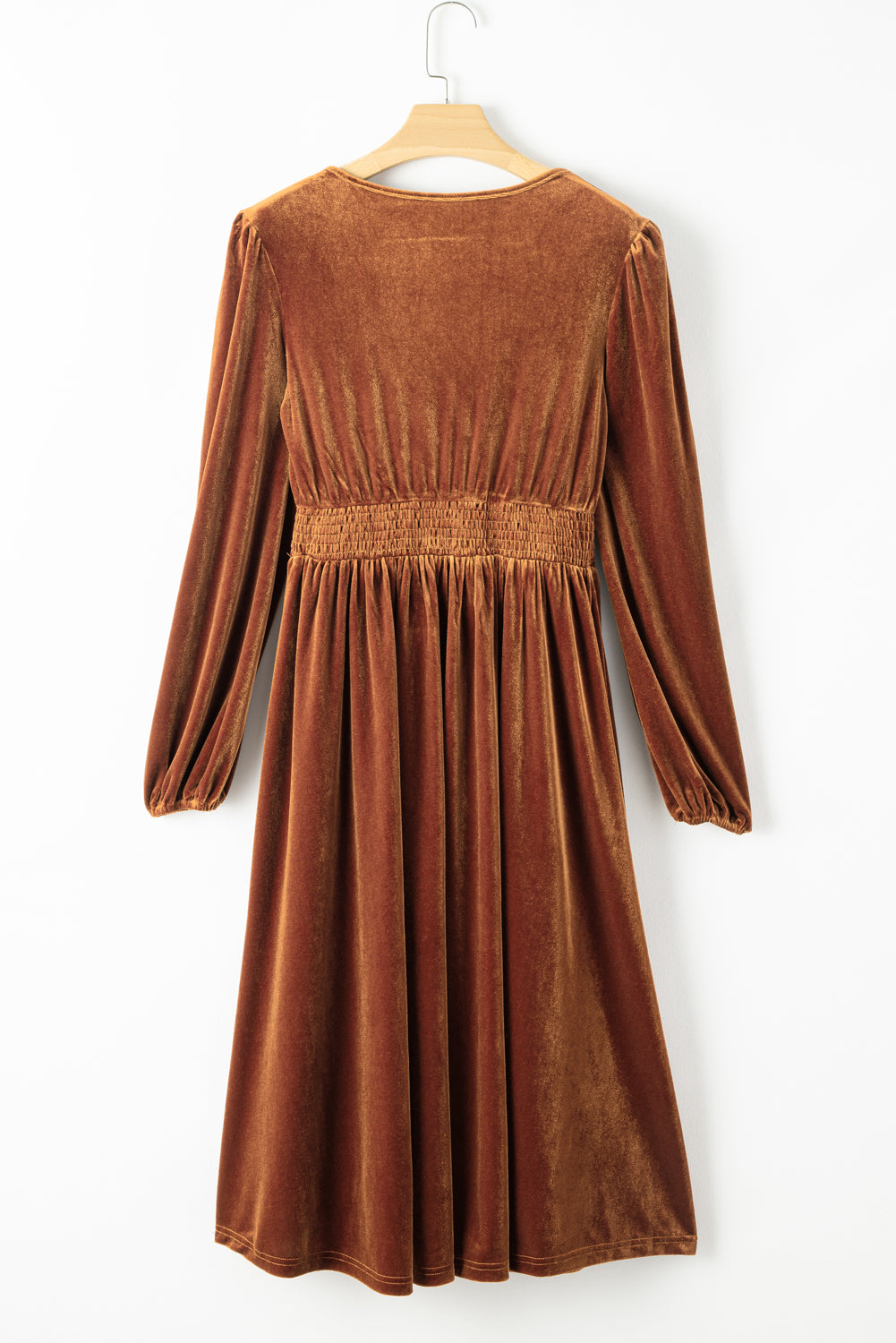 Wrap V Neck Smocked High Waist Velvet Midi Dress | Camel