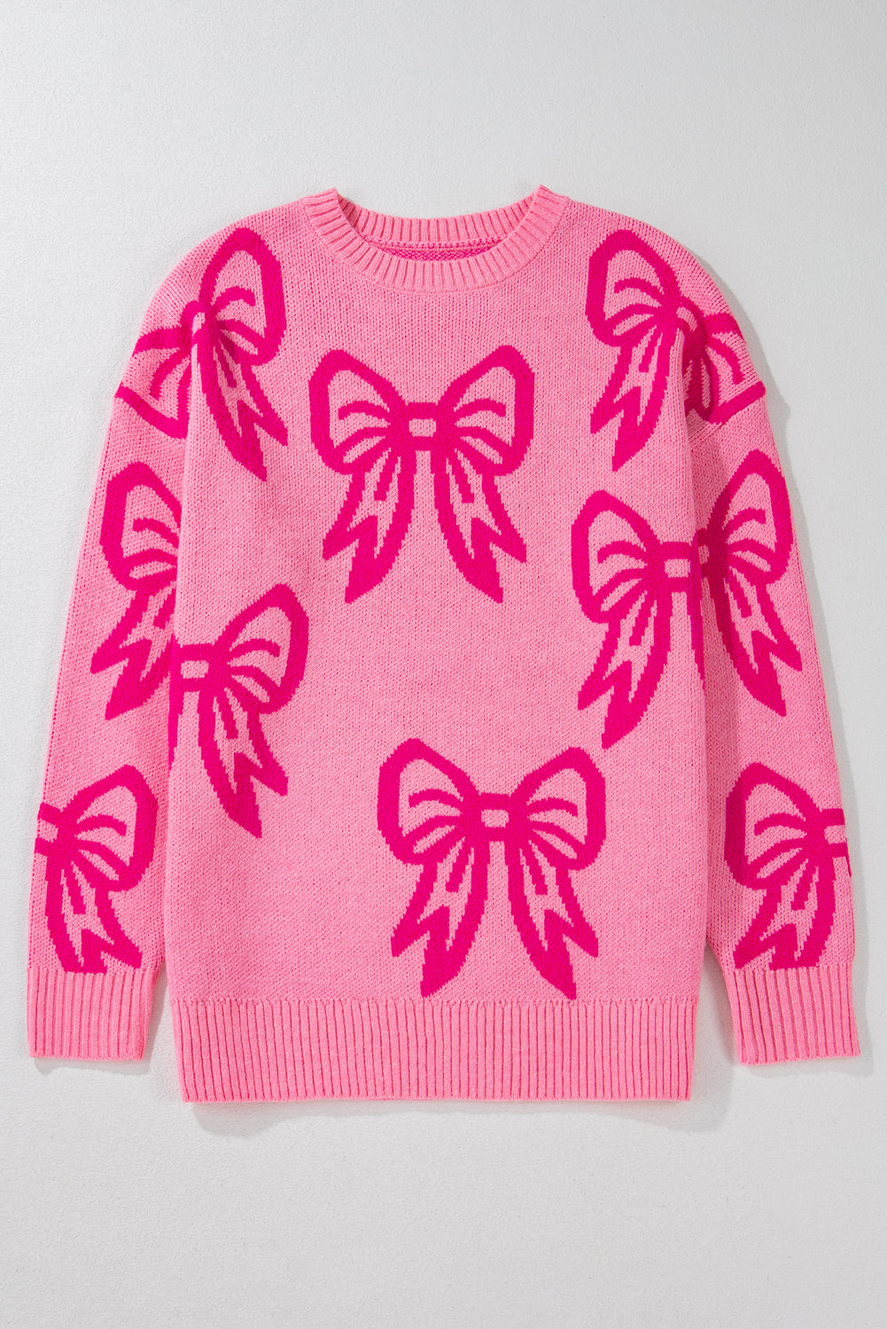 Bow Pattern Drop Shoulder Loose Sweater | Pink