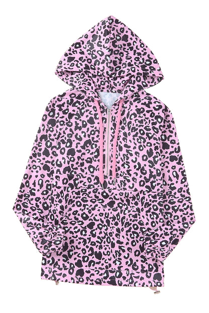 Print Zipper Kangaroo Pocket Pullover Hoodie | Leopard