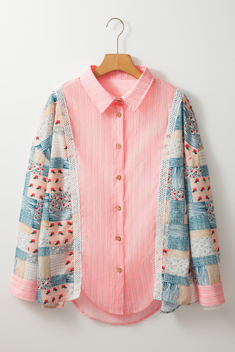 Floral Patchwork Tunic Loose Fit Shirt | Pink Stripe