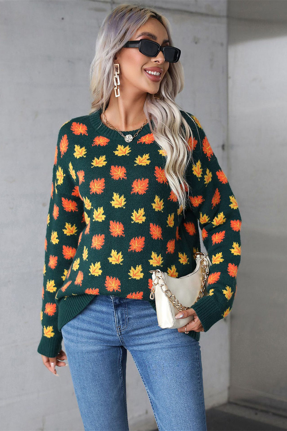 Fall Leaves Pattern Crew Neck Sweater | Blackish Green