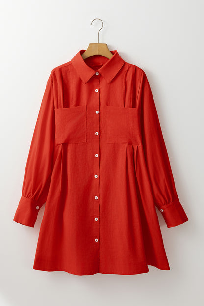 Bishop Sleeve Button Up Pleated Mini Shirt Dress | Tomato Red