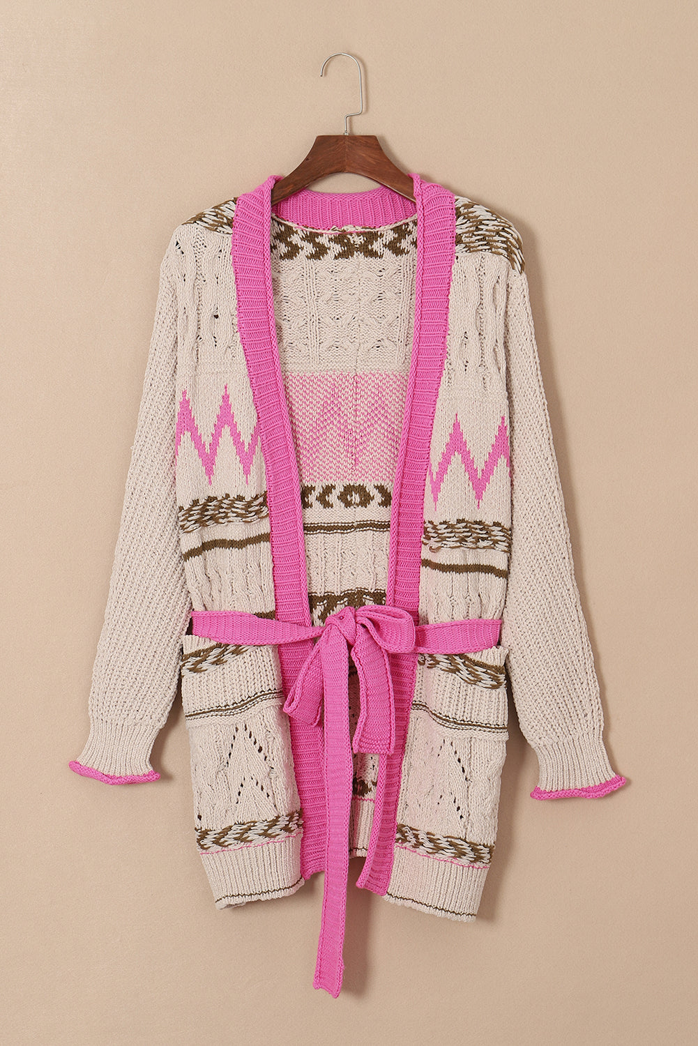 Geometric Cable Knit Pocketed Open Front Cardigan | Gray