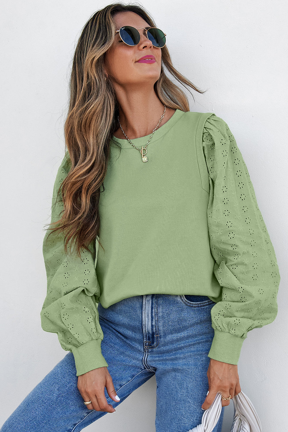 Solid Patchwork Sleeve Round Neck Sweatshirt | Mist Green