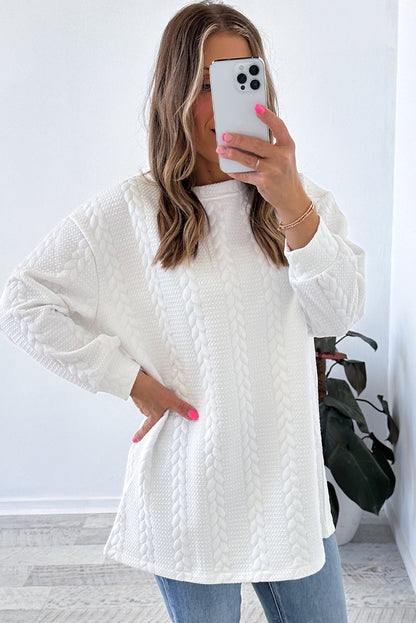 Cable Textured Long Sleeve Round Neck Top | White