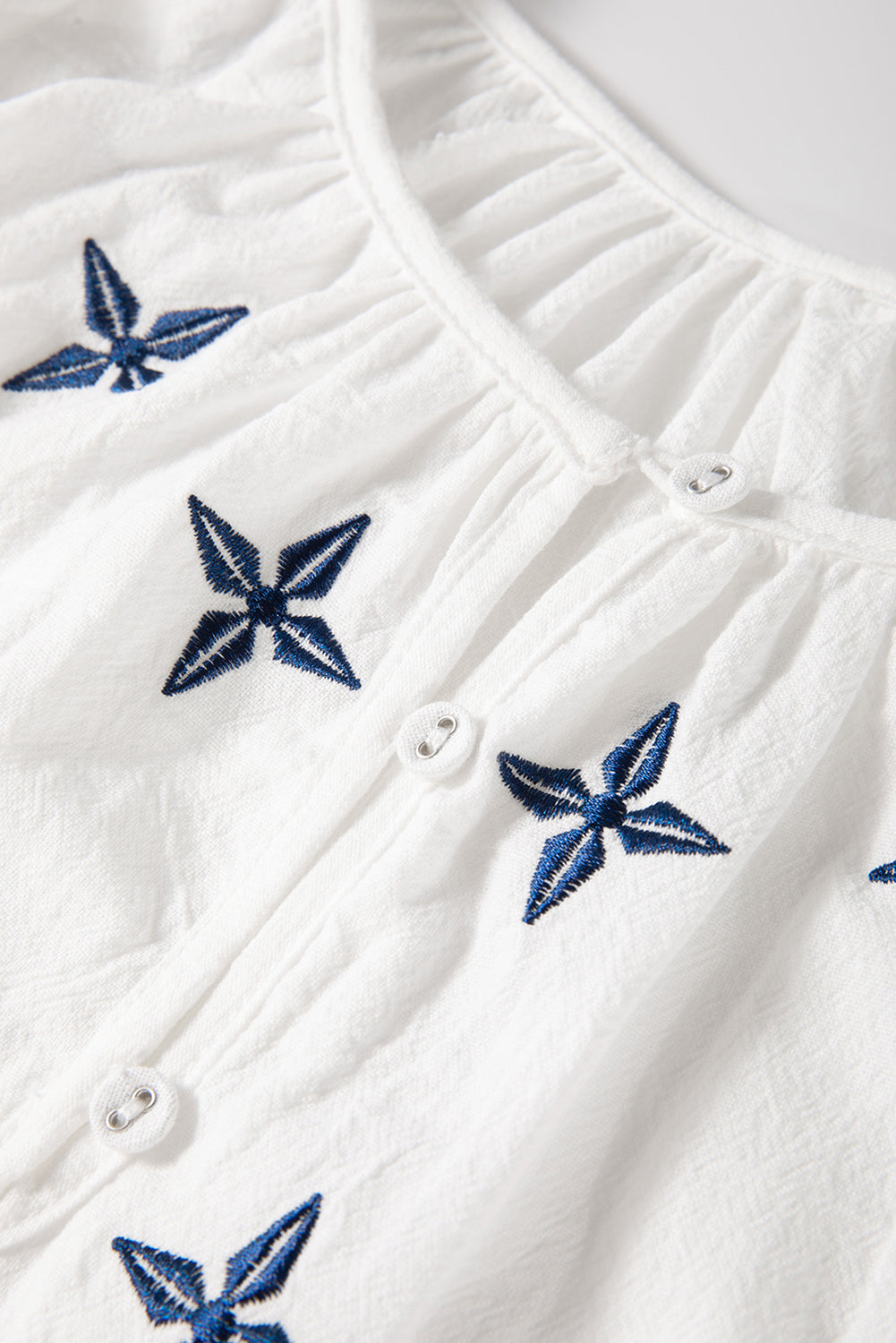 Geometric Embroidered Long Sleeve Buttoned Blouse | White