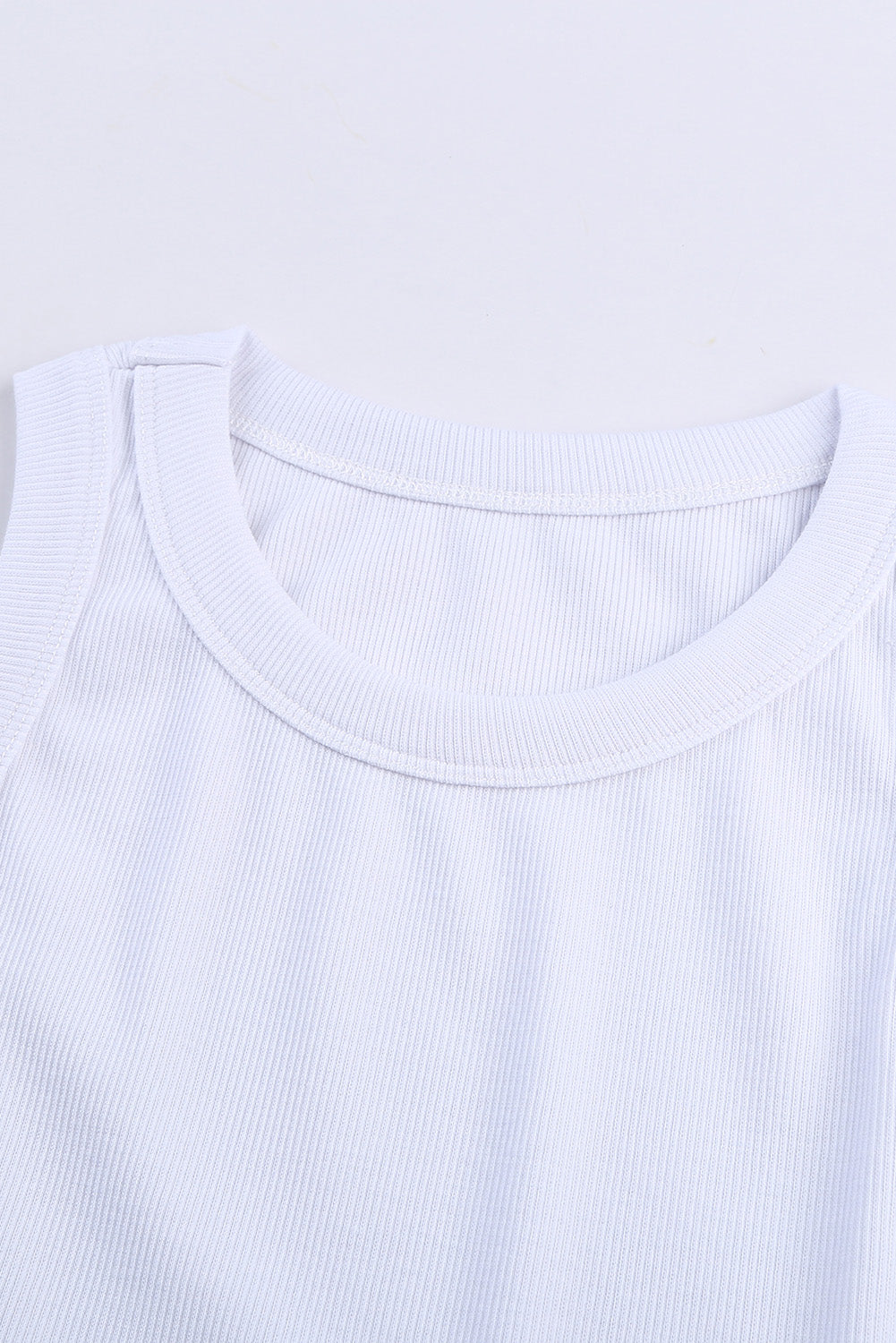 Solid  Round Neck Ribbed Tank Top | White