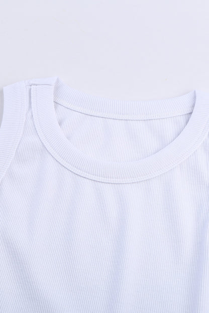 Solid  Round Neck Ribbed Tank Top | White