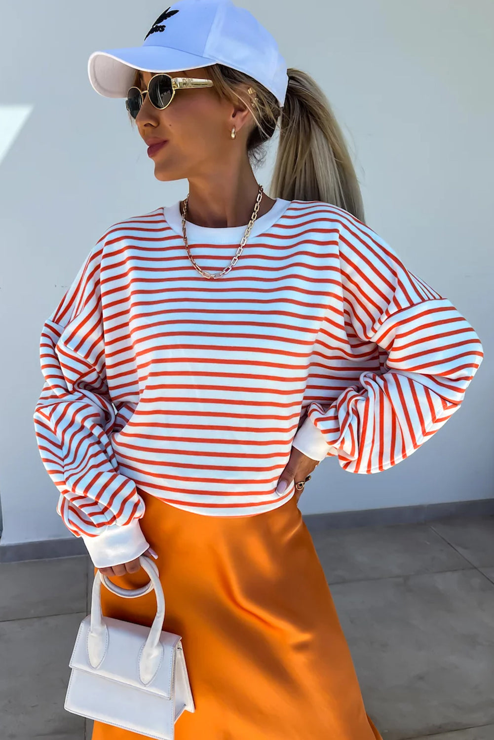 Drop Shoulder Crew Neck Loose Sweatshirt | Orange Stripe