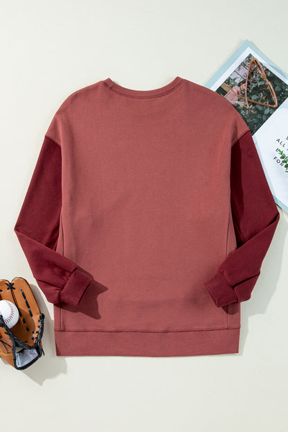 Two Tone Patchwork Drop Shoulder Pullover Sweatshirt | Mineral Red