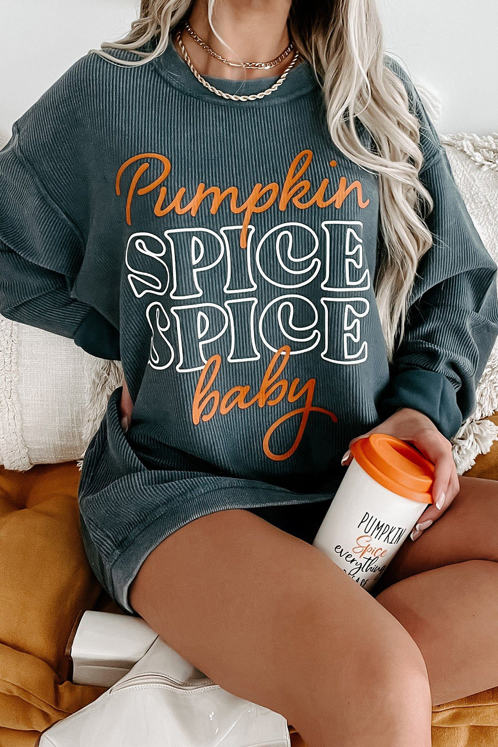 Halloween Pumpkin Spice Baby Graphic Textured Sweatshirt | Dark Grey