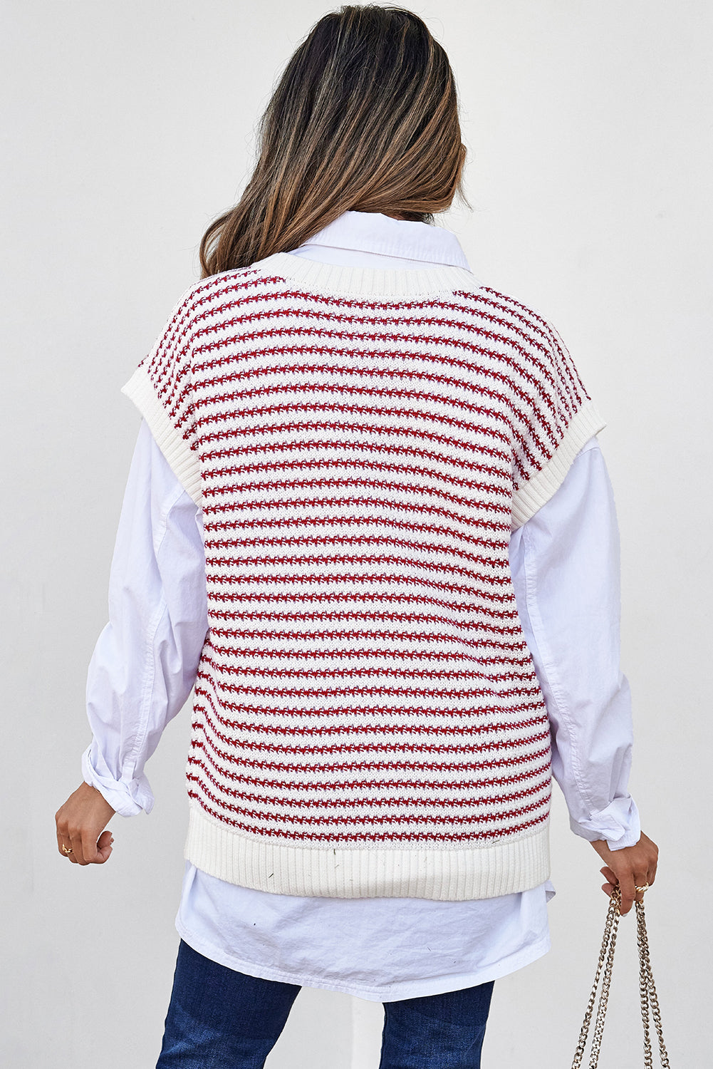 Ribbed Trim Loose Fit Knitted Sweater Vest | Red Stripe