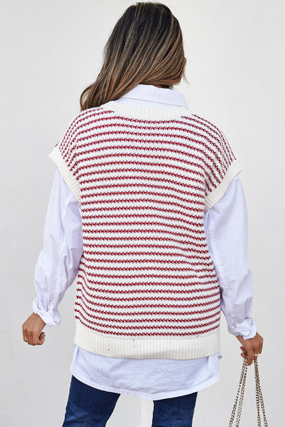 Ribbed Trim Loose Fit Knitted Sweater Vest | Red Stripe