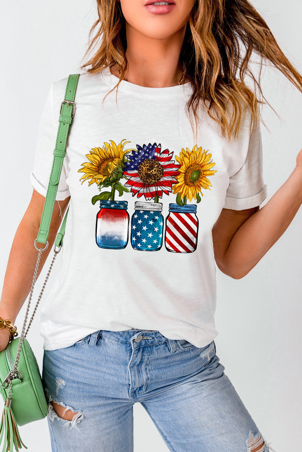 American Flag Sunflower Graphic T Shirt | White