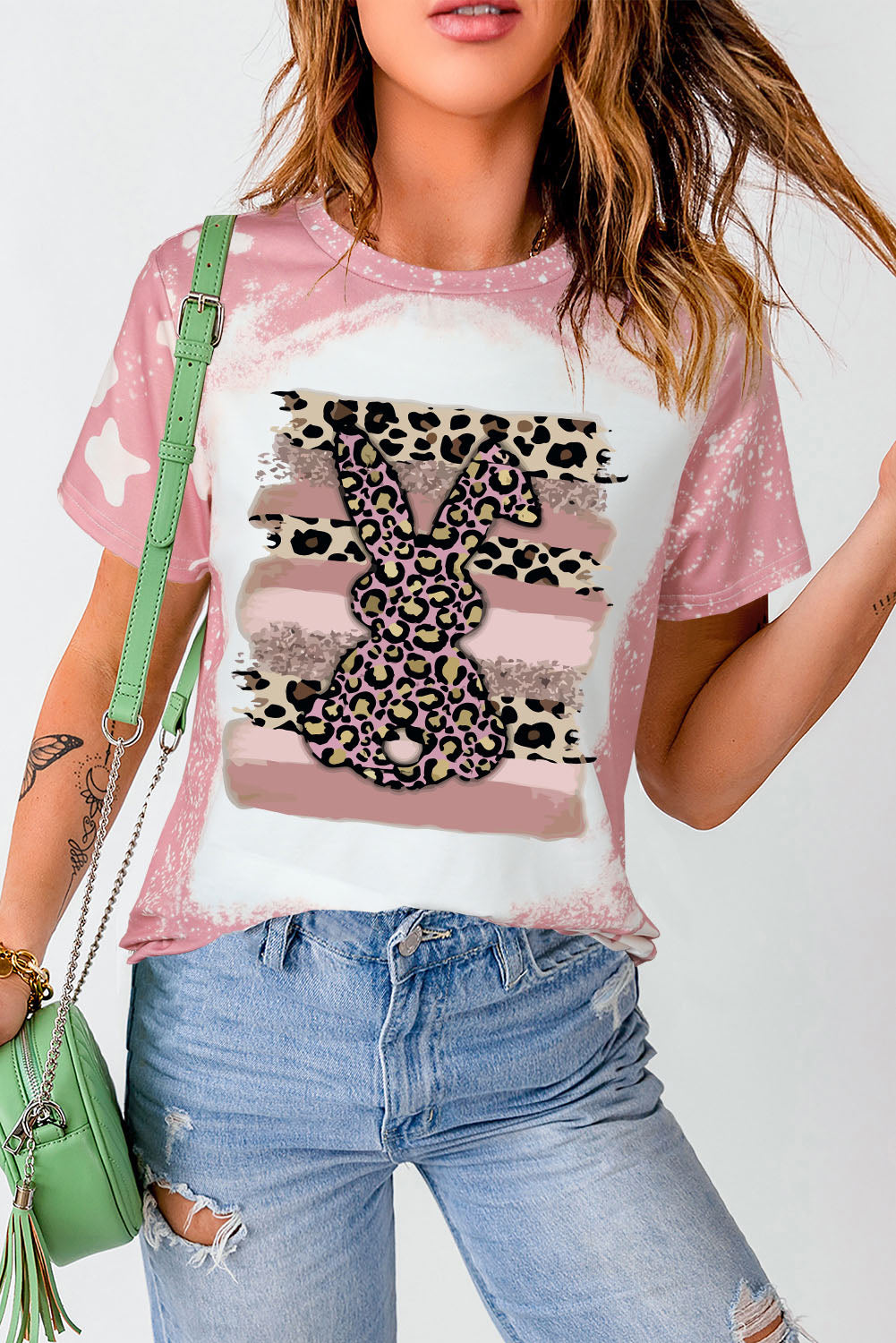 Tie Dye Contrast Leopard Rabbit Graphic T Shirt | Pink