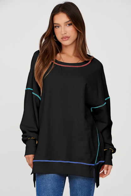 Contrast Stitching Split Baggy Sweatshirt | Black