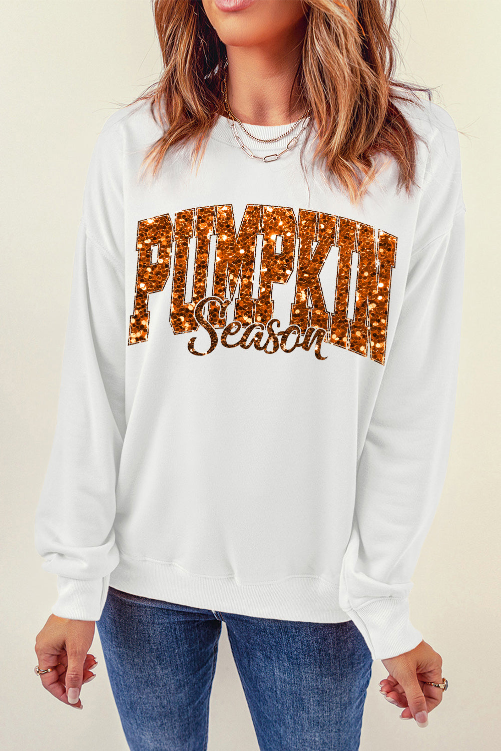 Heat-Transfer Pumpkin Season Printed Crewneck Thanksgiving Sweatshirt | Beige