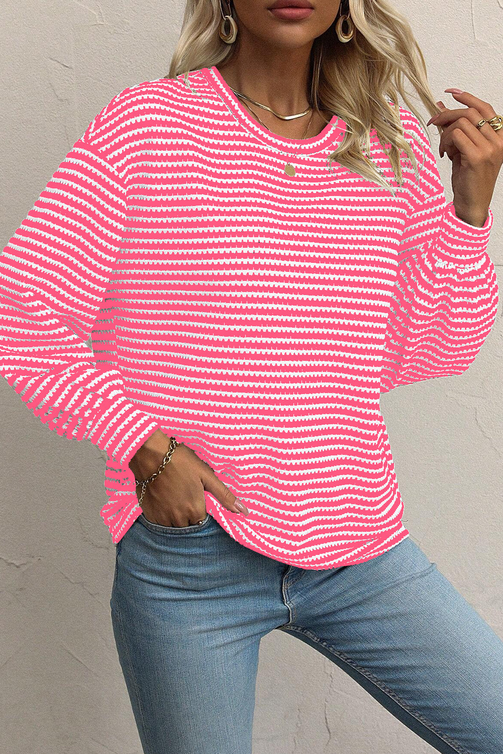 Round Neck Drop Shoulder Long Sleeve Top | Rose Stripe