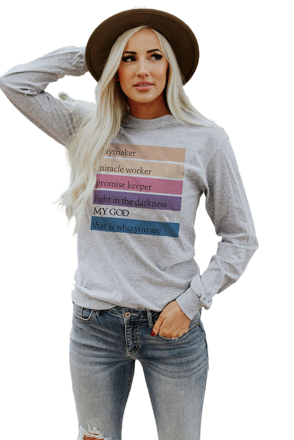 May God Positive Words Print Long Sleeve Top | Gray