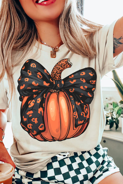 Halloween Bowknot Pumpkin Graphic Crewneck T Shirt | White